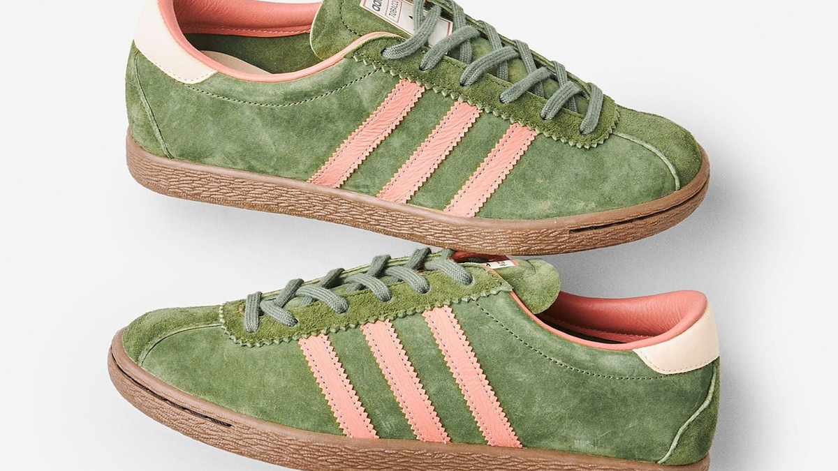 Green Adidas Gazelle sneakers with pink stripes and beige accents, viewed from the side and top-angle positions