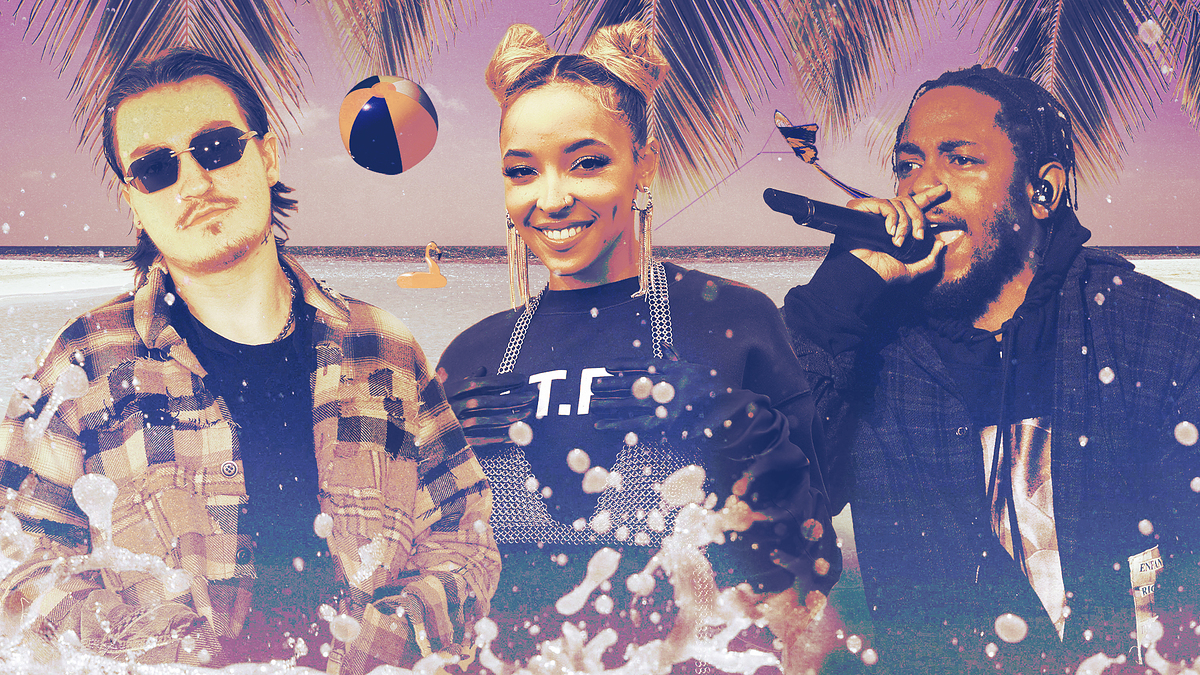 Morgan Wallen, FKA twigs, and Kendrick Lamar standing on a tropical beach, with a palm tree and beach ball in the background