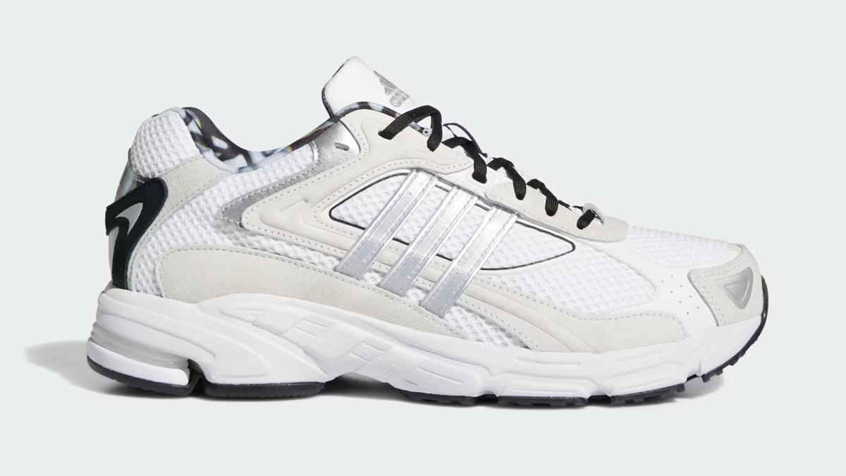 Adidas sneaker with a mesh upper, leather overlays, silver stripes, and a chunky sole