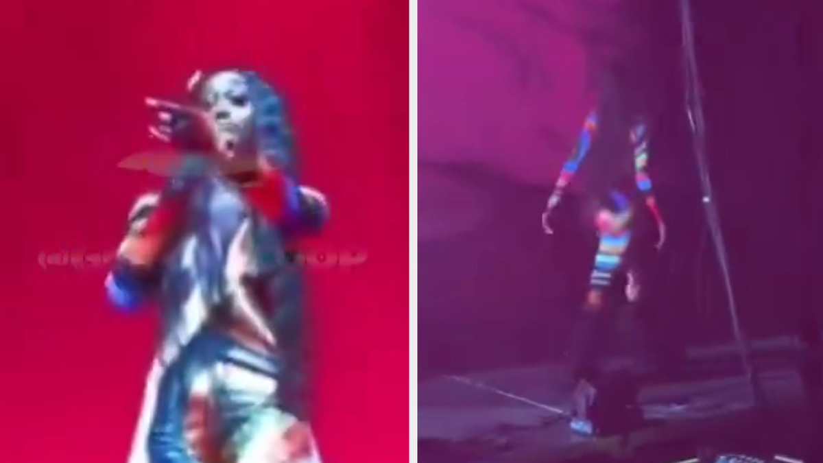 Two scenes of a performer in a shiny silver costume with stripes singing on stage