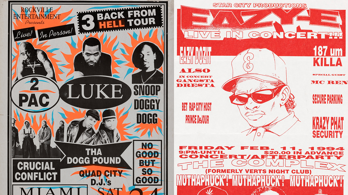 Poster on the left: "Rockville Entertainment Presents: 2Pac, Snoop Doggy Dogg, Luke in Miami on Jan 24." Poster on the right: "Star City Productions Presents: Eazy-E Live in Concert on Feb 11, 1994, at The Complex."
