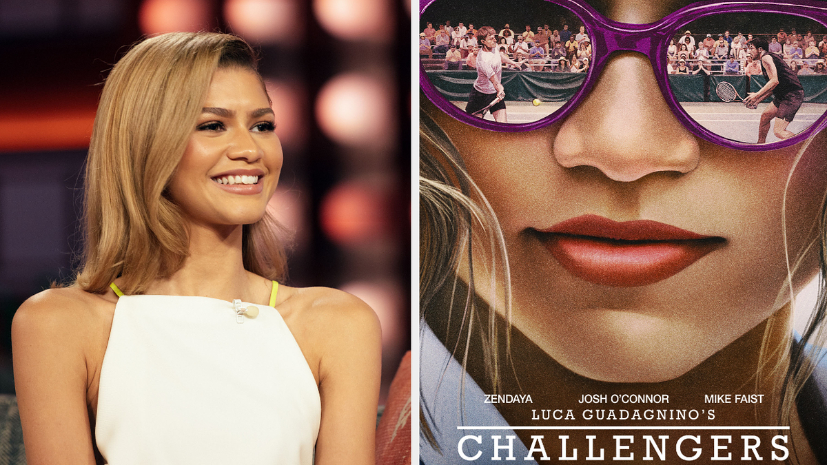 Zendaya in a sleeveless top smiling to the side; movie poster of "Challengers" featuring close-up of a woman with sunglasses