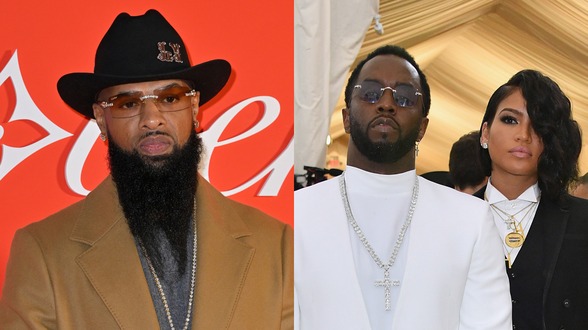 Slim Thug in a hat and coat, standing alone; Sean Combs and Cassie dressed in formal attire at an event