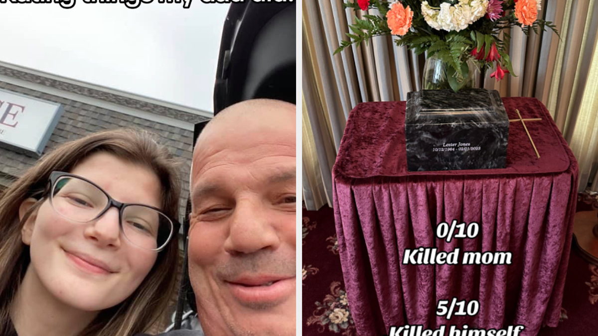 An image is divided into two panels. The left shows a smiling girl and her father. The right shows a funeral urn with flowers and a sign reading, "Killed mom, Killed himself."
