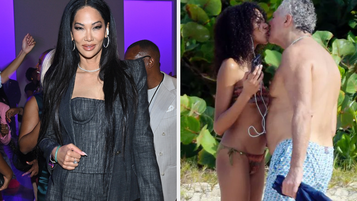Two side-by-side photos: Left, Kim Kardashian in a black pinstripe suit. Right, a couple sharing a kiss on a beach