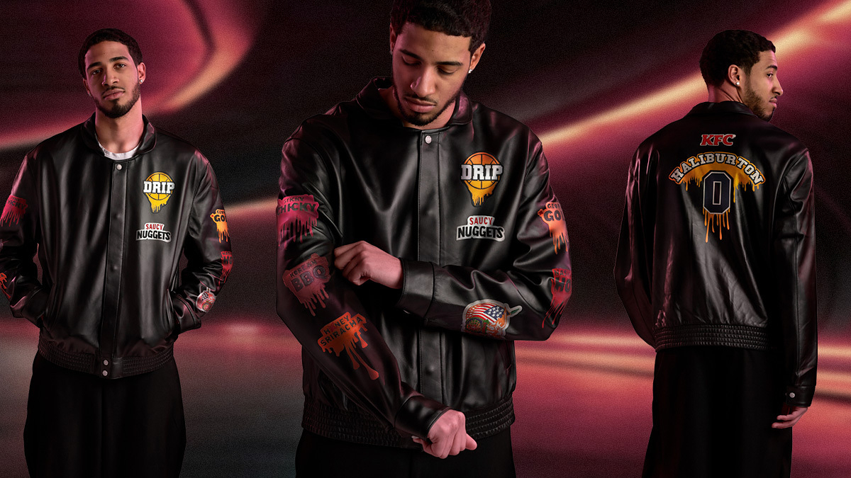 Three models pose in Denver Nuggets themed letterman jackets with "DRIP" text and logo detailing