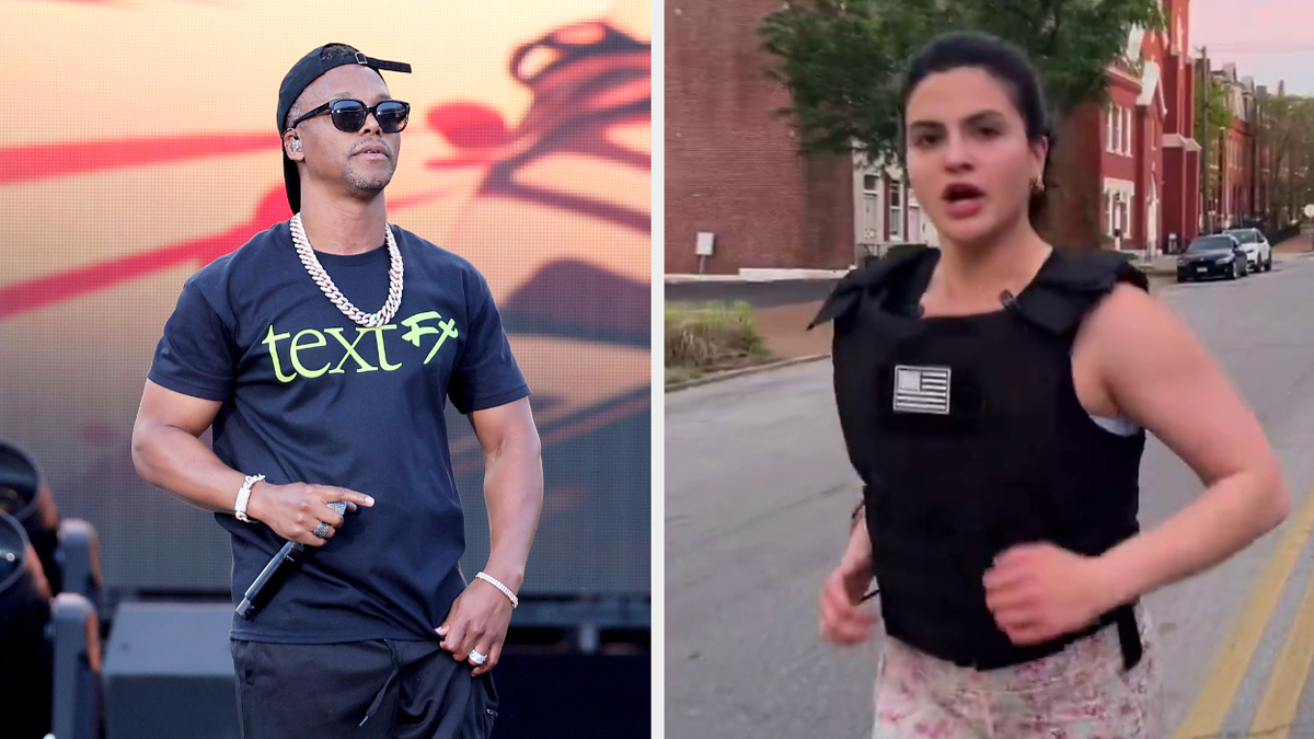 Left: A rapper on stage wearing a graphic T-shirt and sunglasses. Right: A woman in a bulletproof vest jogging in a city setting