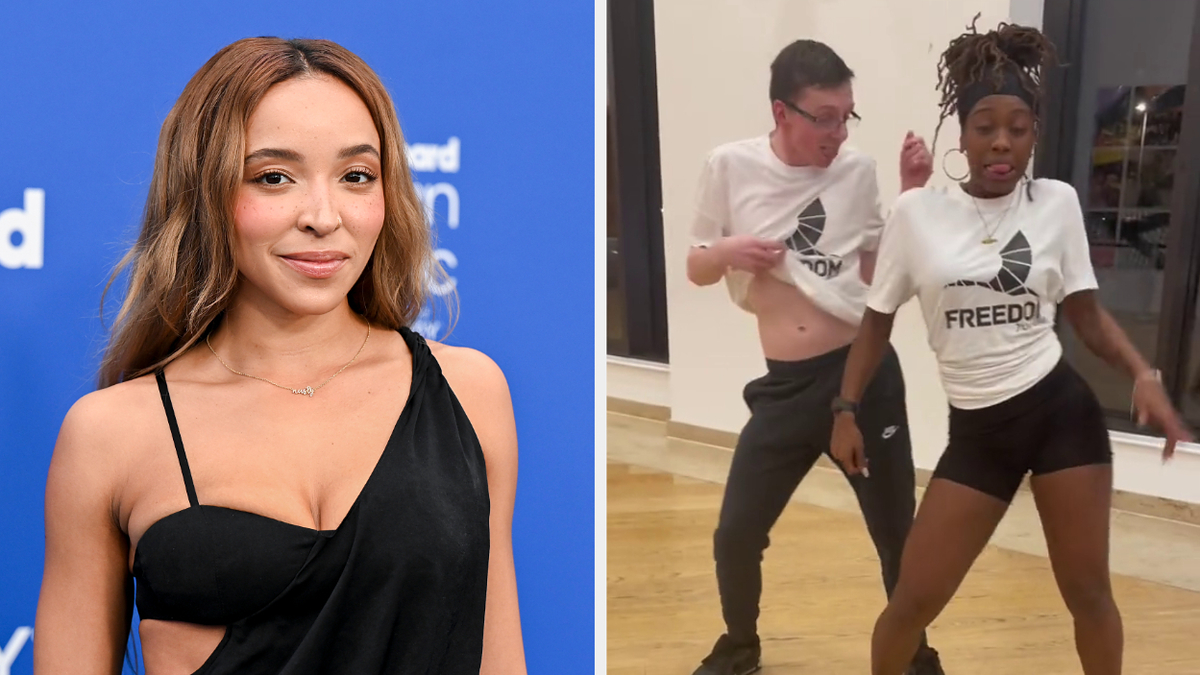 Left: Tinashe on the red carpet in an elegant black, one-shoulder dress. Right: A man and woman dancing indoors, wearing "FREEDOM" branded outfits