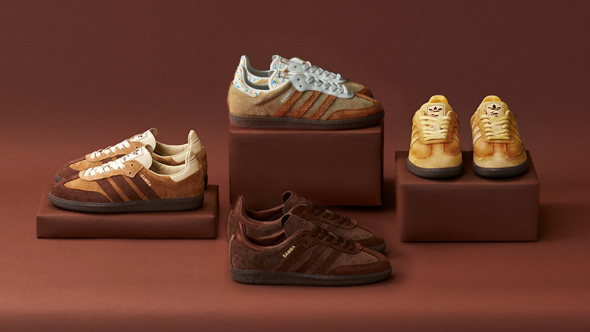 Three pairs of Adidas sneakers are displayed on brown platforms. The sneakers feature different color patterns and styles, all with the iconic Adidas stripes