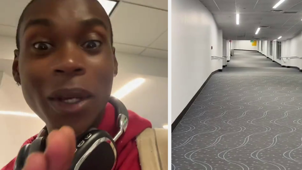 Person with headphones points at the camera in one image; empty hallway is shown in the other