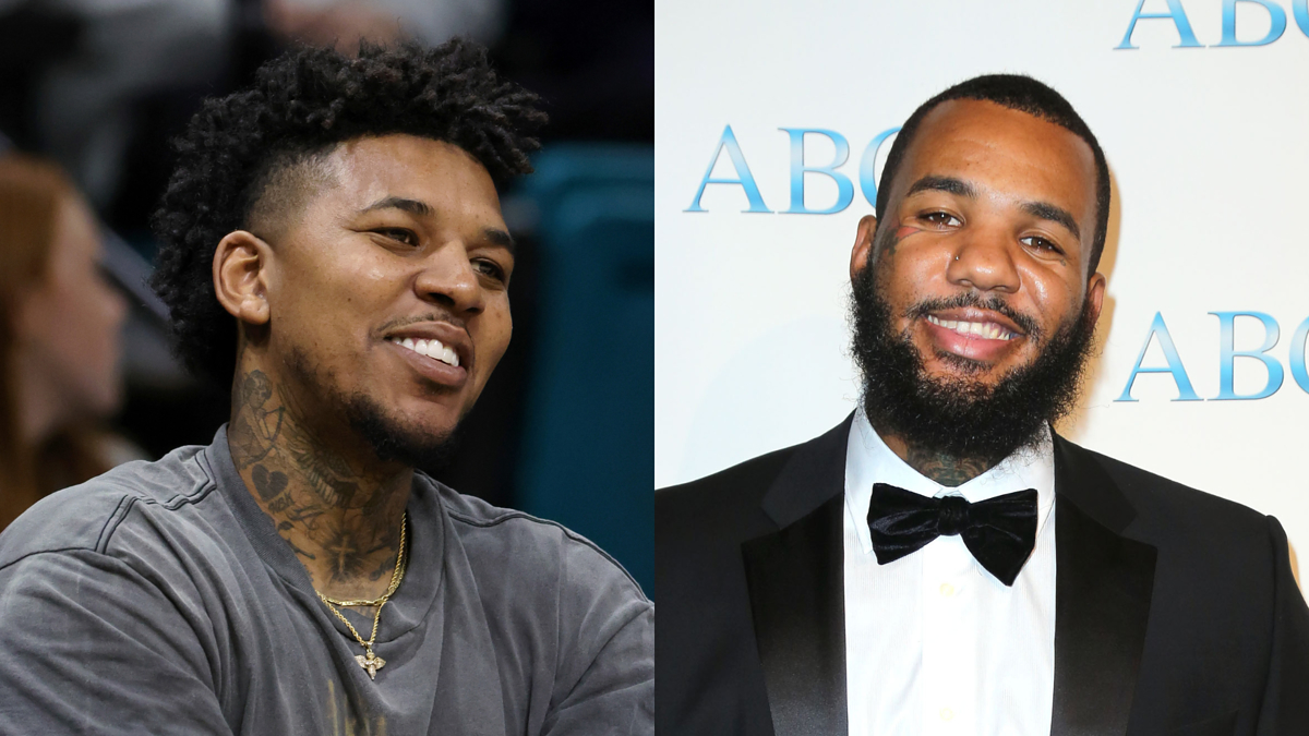 Nick Young (left) smiles wearing a casual shirt and a necklace. The Game (right) wears a black tuxedo with a white shirt and black bow tie, also smiling