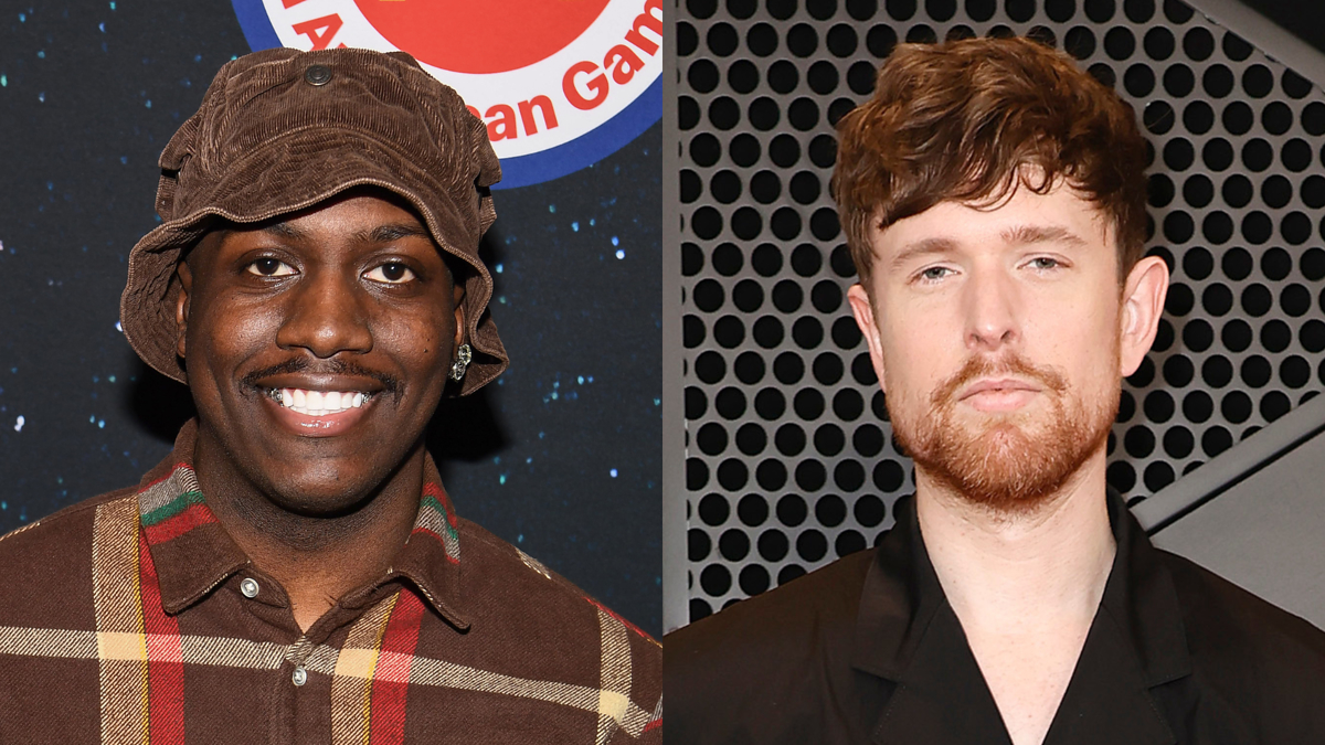 Lil Yachty smiles in a plaid shirt and brown bucket hat, while James Blake poses in a black outfit