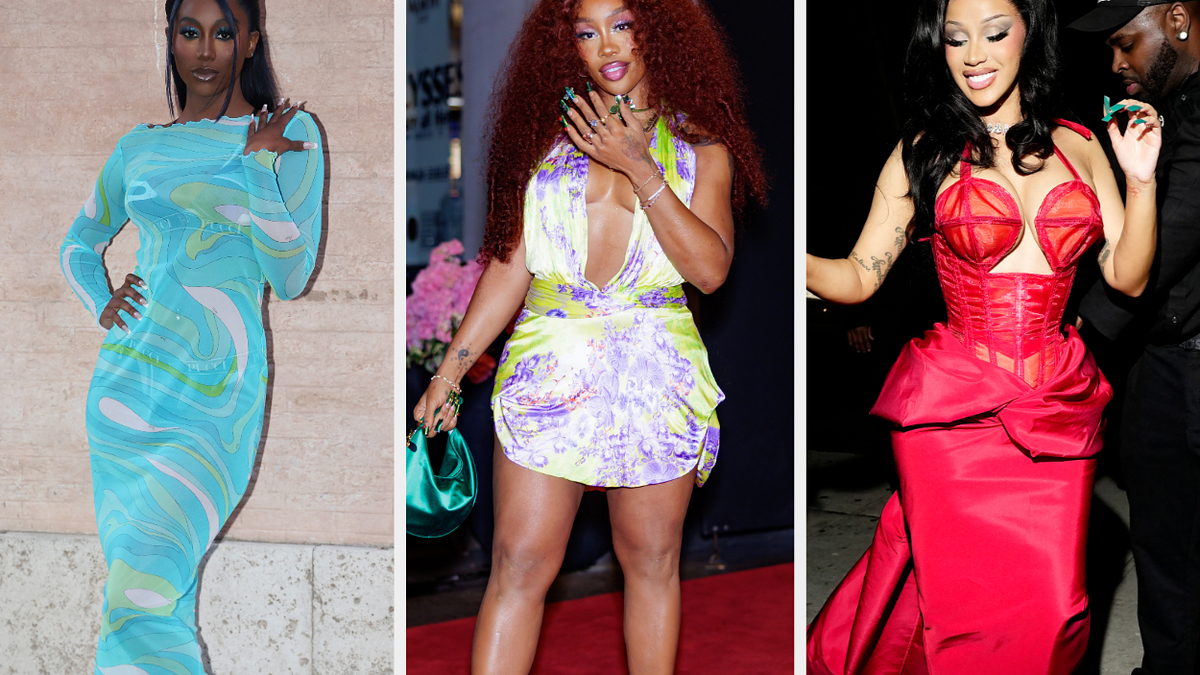 From left to right: Kelly Rowland in a form-fitting patterned dress, SZA in a short purple and green dress, and Cardi B in a red corset dress with a plunging neckline