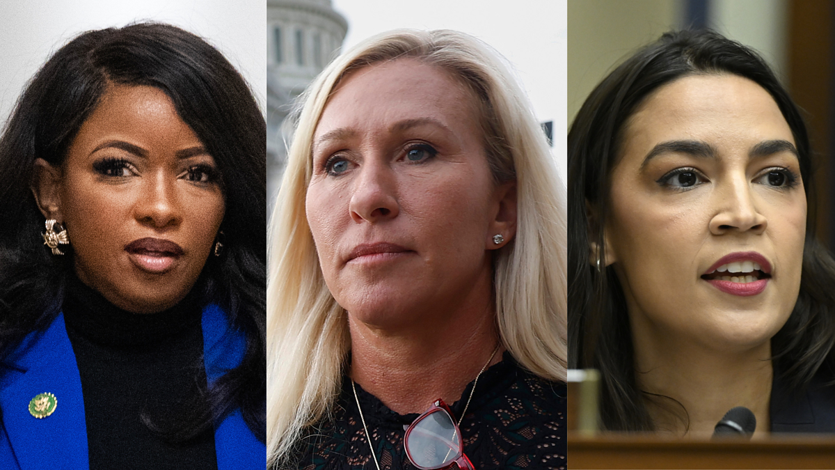Erika Harold, Marjorie Taylor Greene, and Alexandria Ocasio-Cortez are pictured in a split image