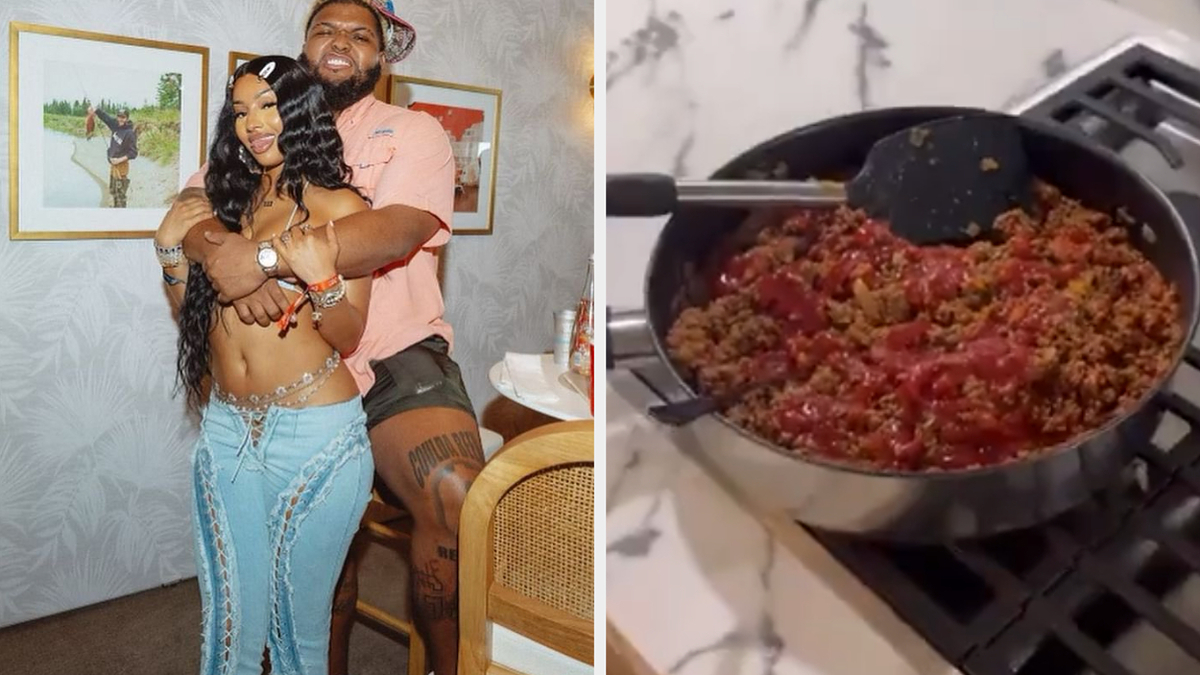 Rapper JT and her partner Uzi Vert are posing indoors; she wears a bejeweled crop top and patched jeans, while he wears a casual outfit. Pot with ground beef