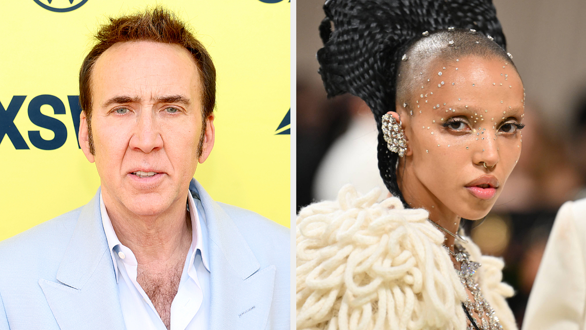 Nicolas Cage in a light suit and FKA twigs in an avant-garde outfit with bejeweled headpiece