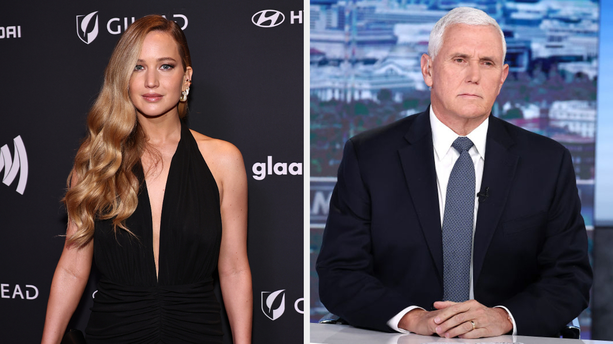 Split image: left, woman in black V-neck gown on the red carpet; right, man in suit at a news desk