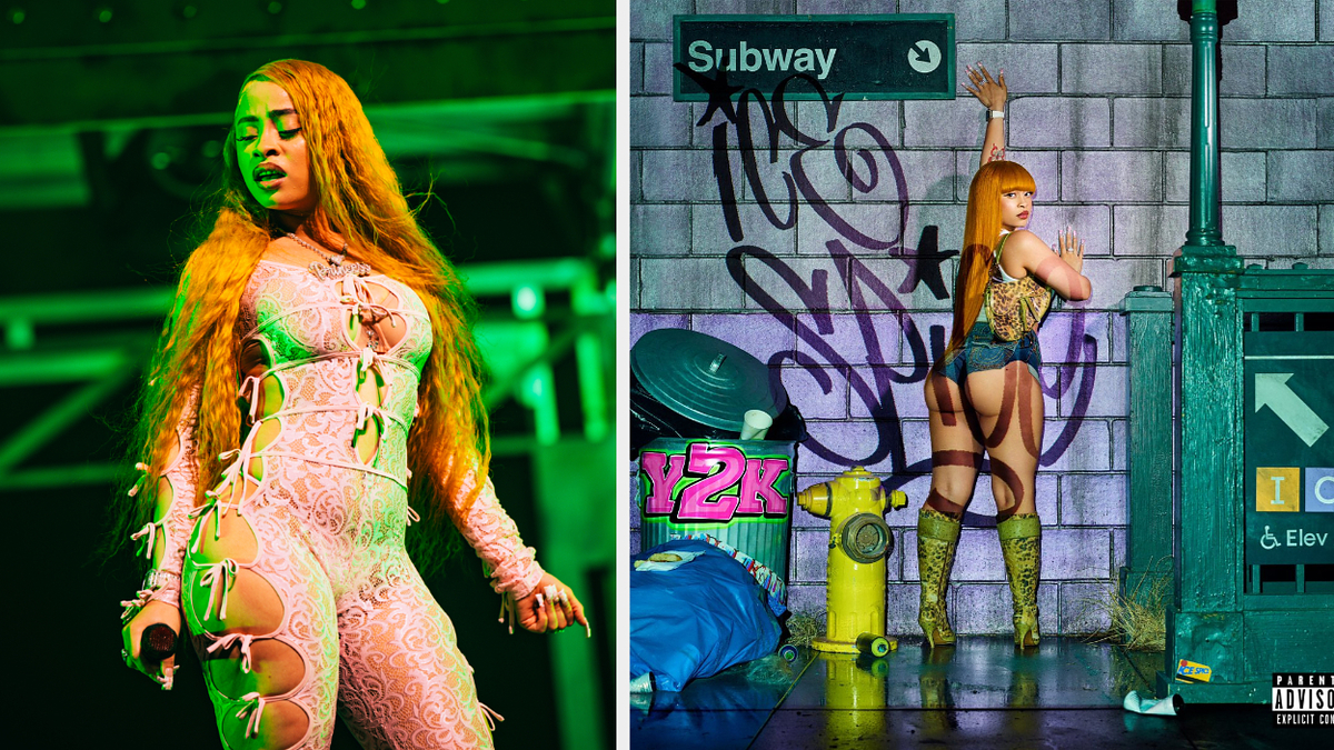 Image description: Ice Spice wearing a form-fitting, lace-up bodysuit performing on stage (left) and posing in a street setting with urban graffiti (right)