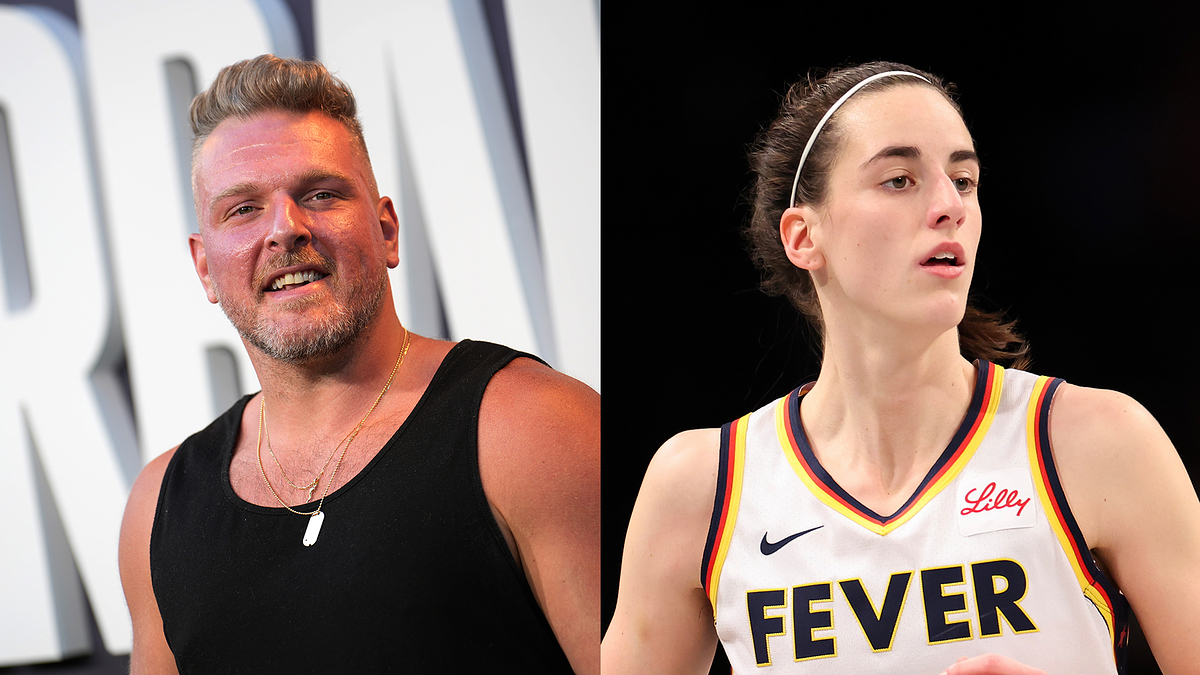 Pat McAfee in a sleeveless black shirt and necklace, and Aliyah Boston in a sleeveless white Indiana Fever basketball jersey