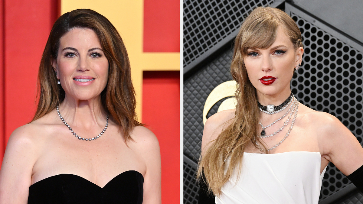 Two women at an event; one in a strapless black gown with a necklace, the other in a white dress with a choker
