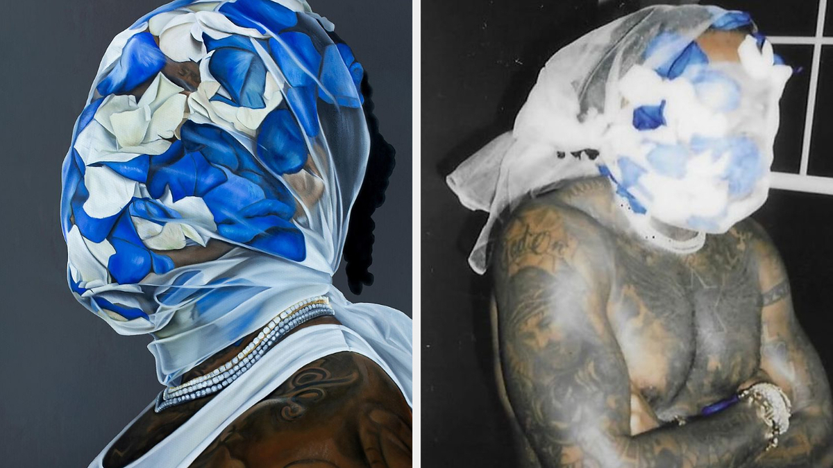 Person with a headscarf and tattooed back facing away, styled in a montage with abstract elements
