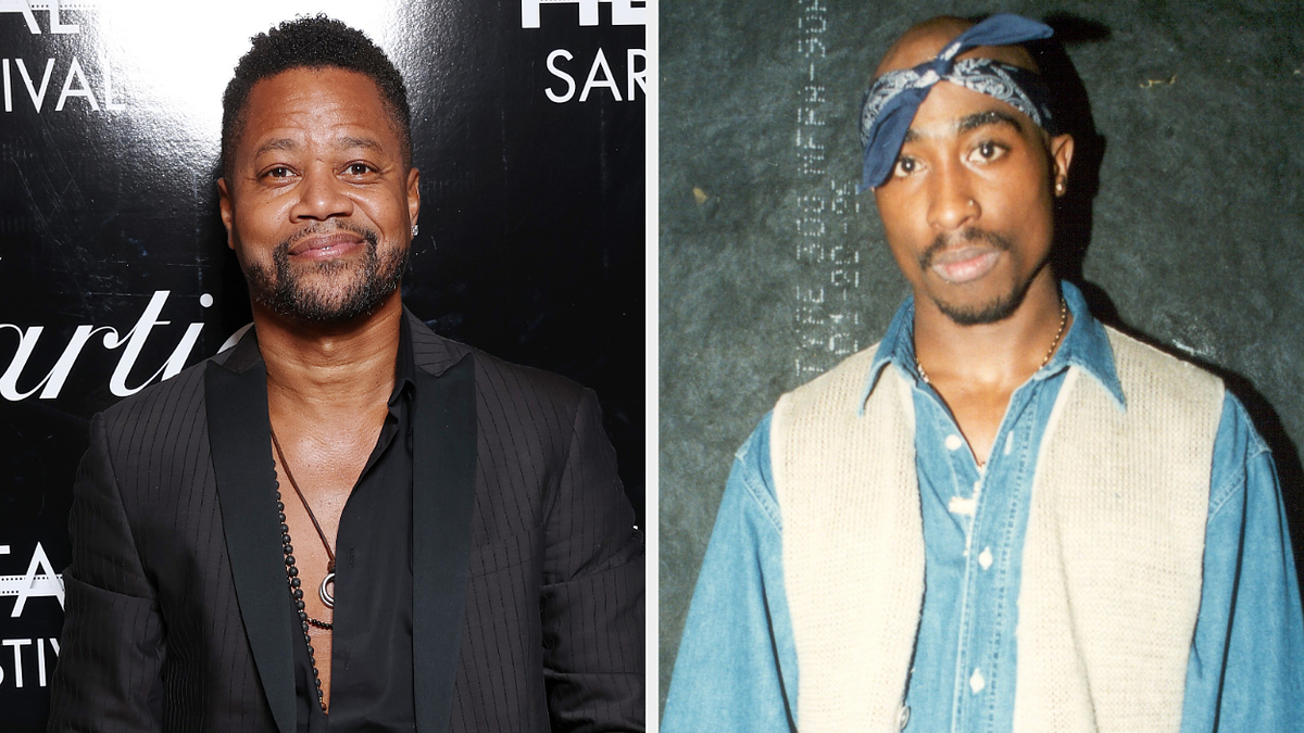 Split image of two men, left in a suit, right in a denim vest and bandana, at events
