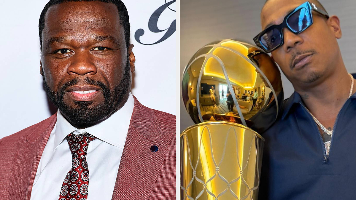 50 Cent in a suit at an event; Master P next to a golden basketball trophy