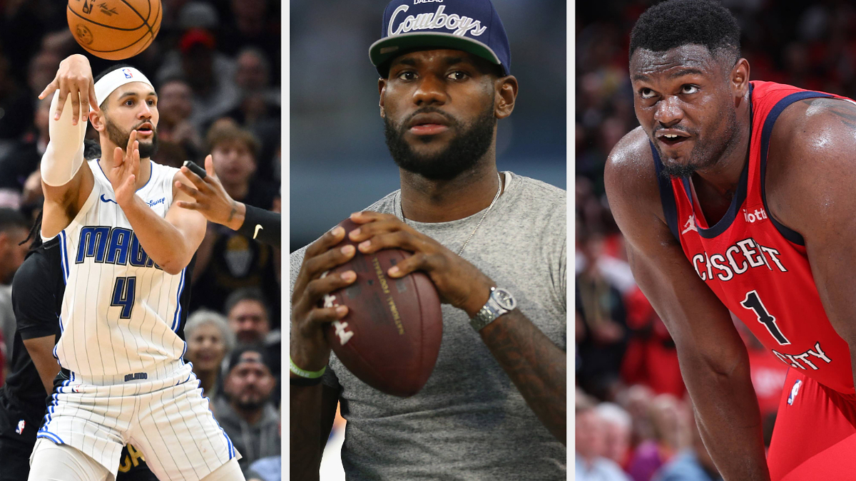 Three separate images of basketball players in action and posing, including one shooting and one holding a football