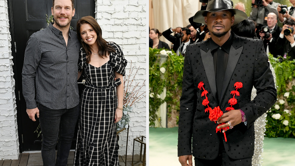 Two separate images: Left shows Chris Pratt and Katherine Schwarzenegger in casual checkered outfits. Right features Ne-Yo in a unique suit with red floral accents