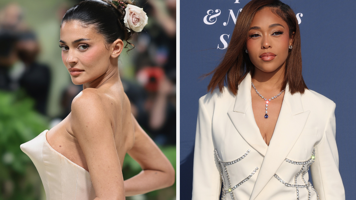 Left: Kylie Jenner in a strapless dress with a floral accessory in her hair. Right: Jordyn Woods in a white blazer with embellishments