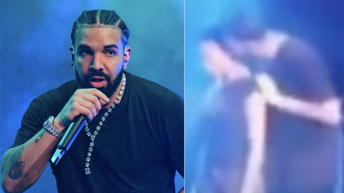 Drake performing on stage, holding a microphone, with a blurred image of him in the background