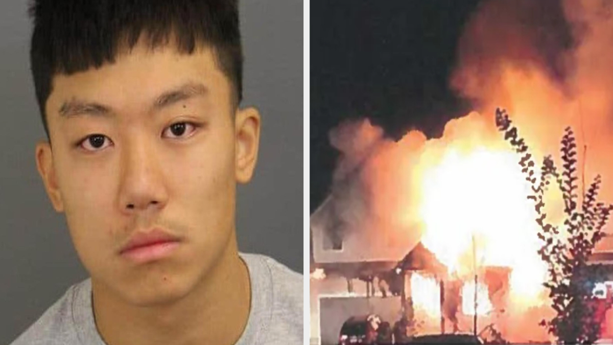 Two images: On the left, a mugshot of a young man with short hair. On the right, a house on fire with large flames