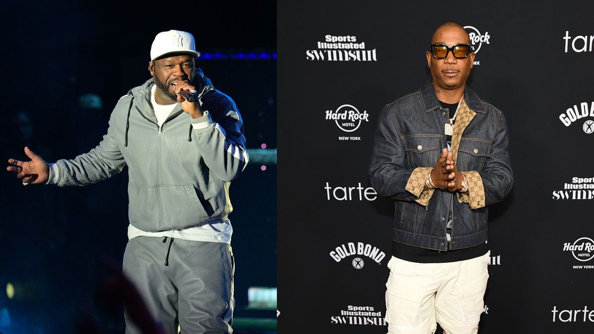 On the left, 50 Cent performs on stage in a casual outfit. On the right, Ja Rule poses on the red carpet in a denim jacket and sunglasses