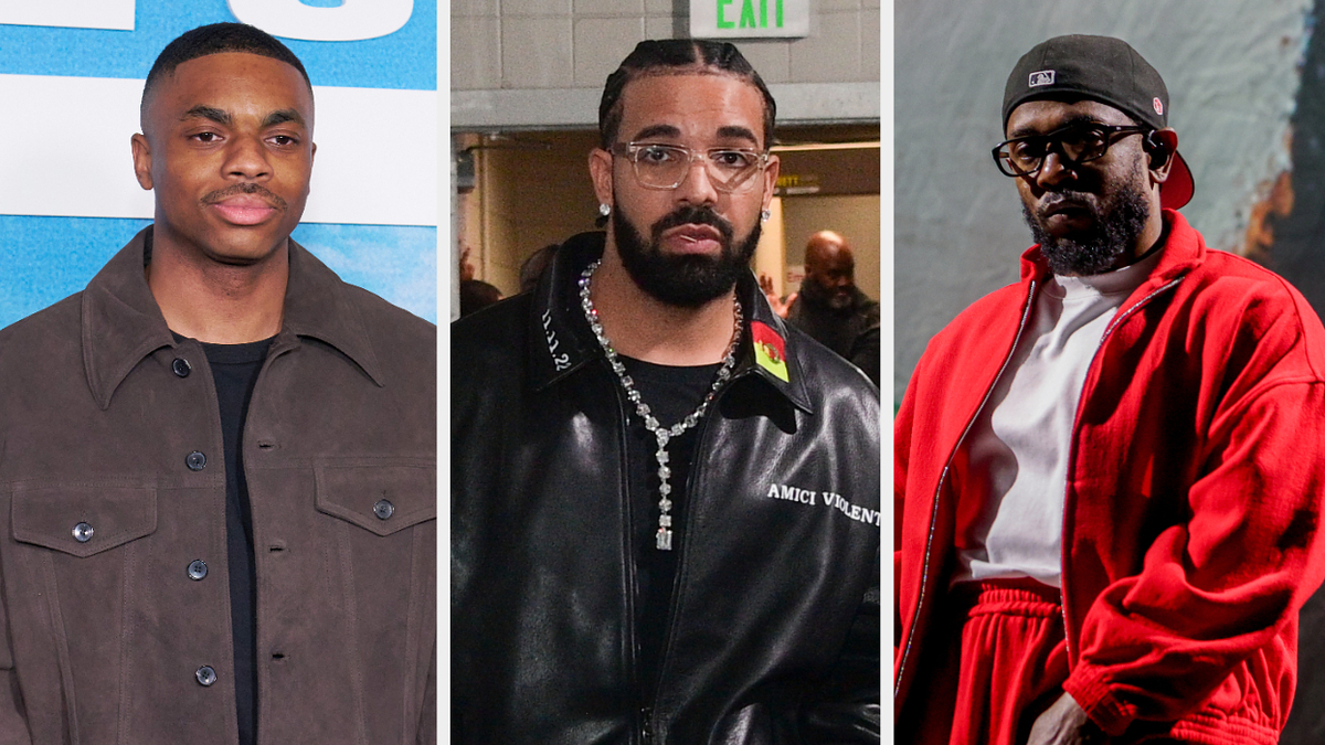 Three male musicians in casual attire; Vince Staples in a jacket, Drake with a necklace, and Kendrick Lamar in a hoodie and cap