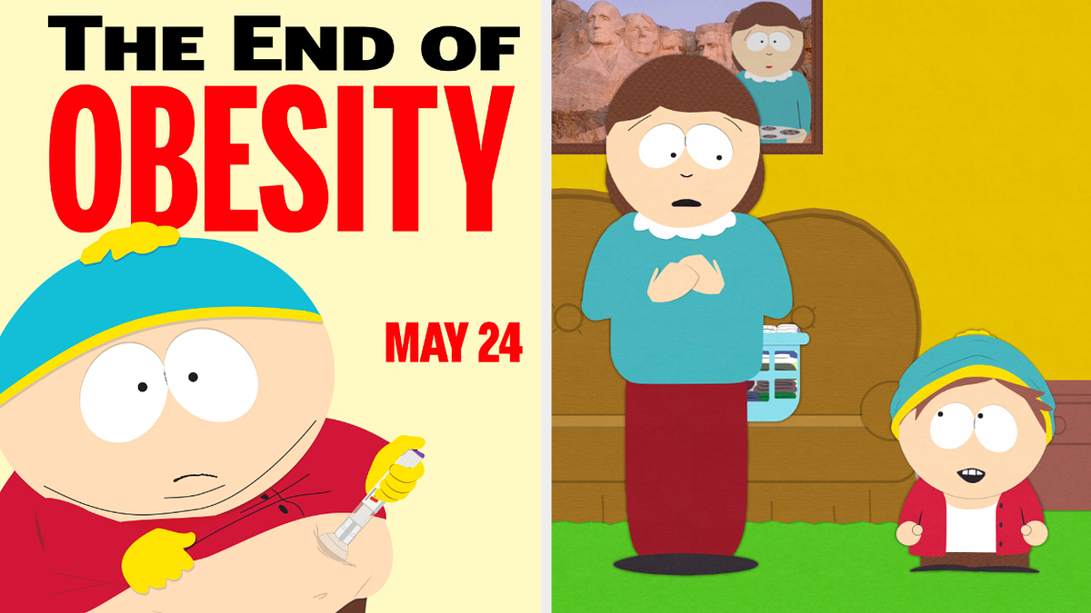 Cartman injects himself next to text "The End of Obesity" and "May 24." Next, Sharon and Cartman stand together in a room