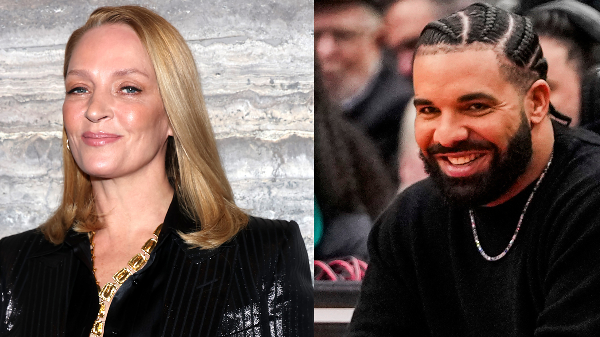 Two images; left: Uma Thurman in a black blazer; right: Drake smiling, casual in a black sweater