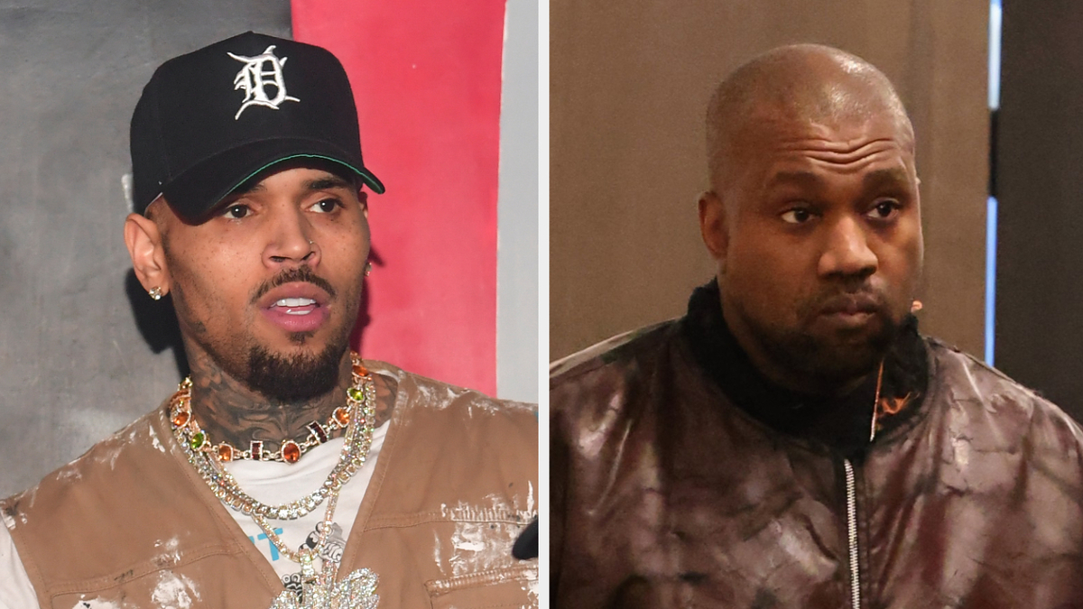 Split image of two male musicians, left with bejeweled attire, right in a plain jacket, both serious expressions