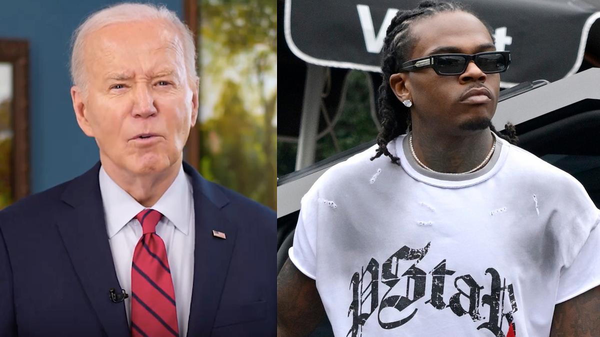 President Joe Biden speaks in a suit next to rapper Gunna in casual streetwear and sunglasses