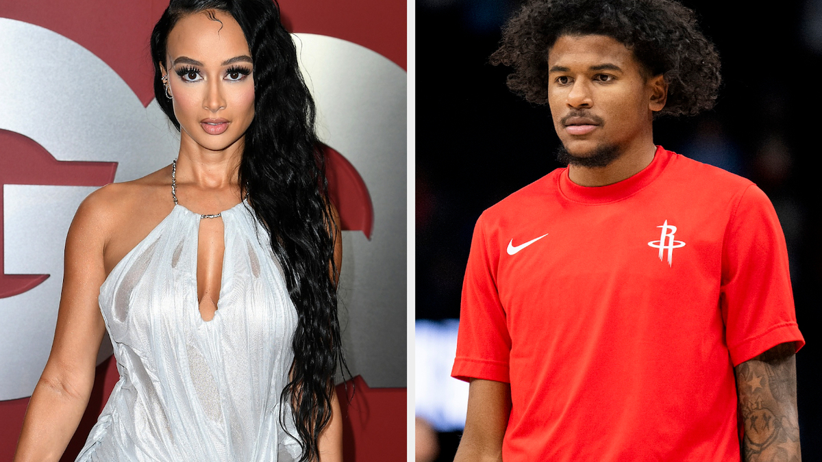 Draya Michele in an elegant silver gown on a red carpet; right: Jalen Green in a red sports jersey