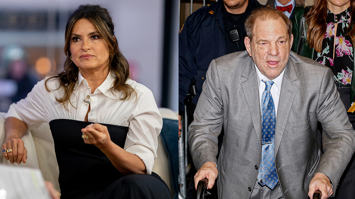 Split image: left shows Mariska Hargitay seated in discussion; right shows Harvey Weinstein in a suit, using a walker