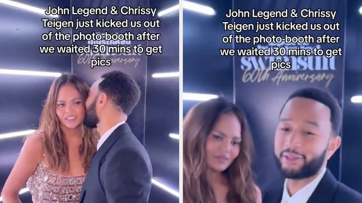 Chrissy Teigen and John Legend at an event as text overlay mentions they kicked out people from the photo booth after a 30-minute wait for pictures