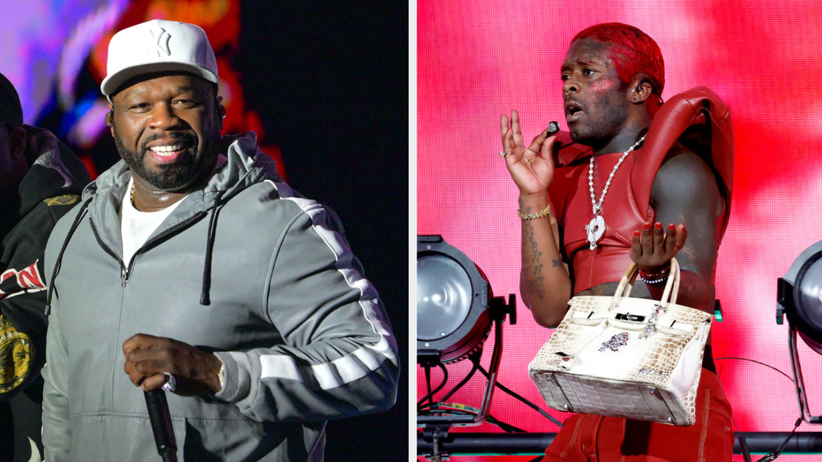 50 Cent on left wearing a cap and hoodie; Lil Uzi Vert on right with a shoulder bag and red fit