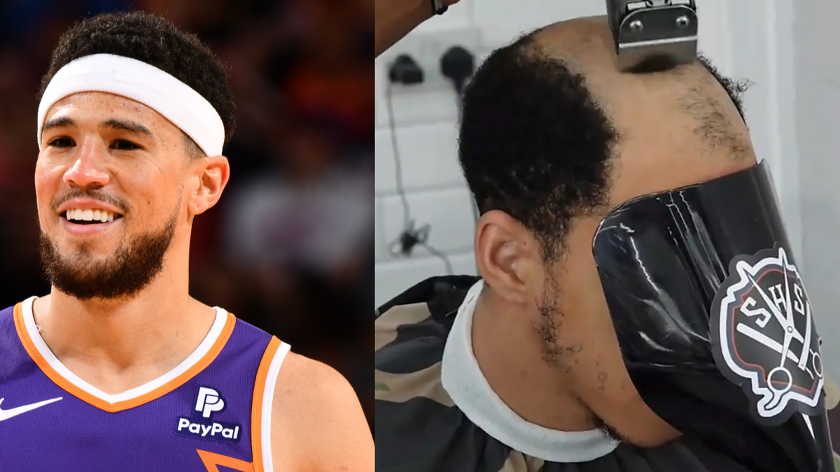 Person on left poses in basketball uniform; person on right gets a haircut, hair clippers visible