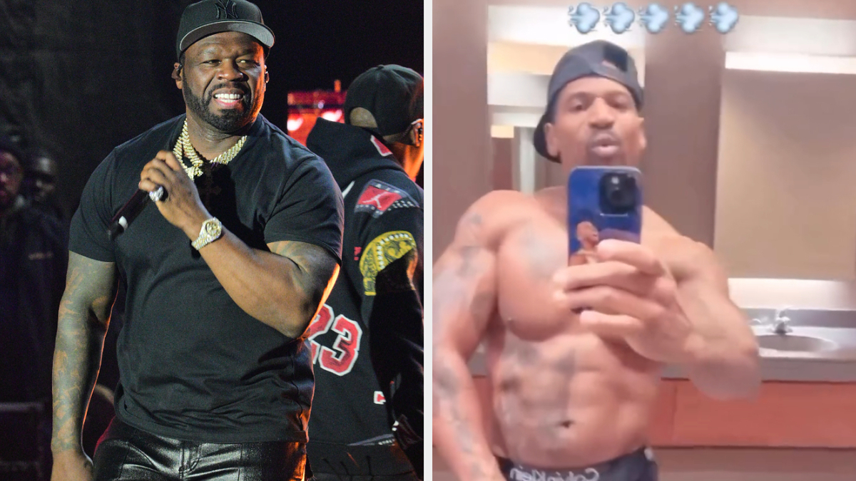 Two images: Left shows 50 Cent performing onstage. Right is a selfie of 50 Cent showcasing physical fitness in a mirror
