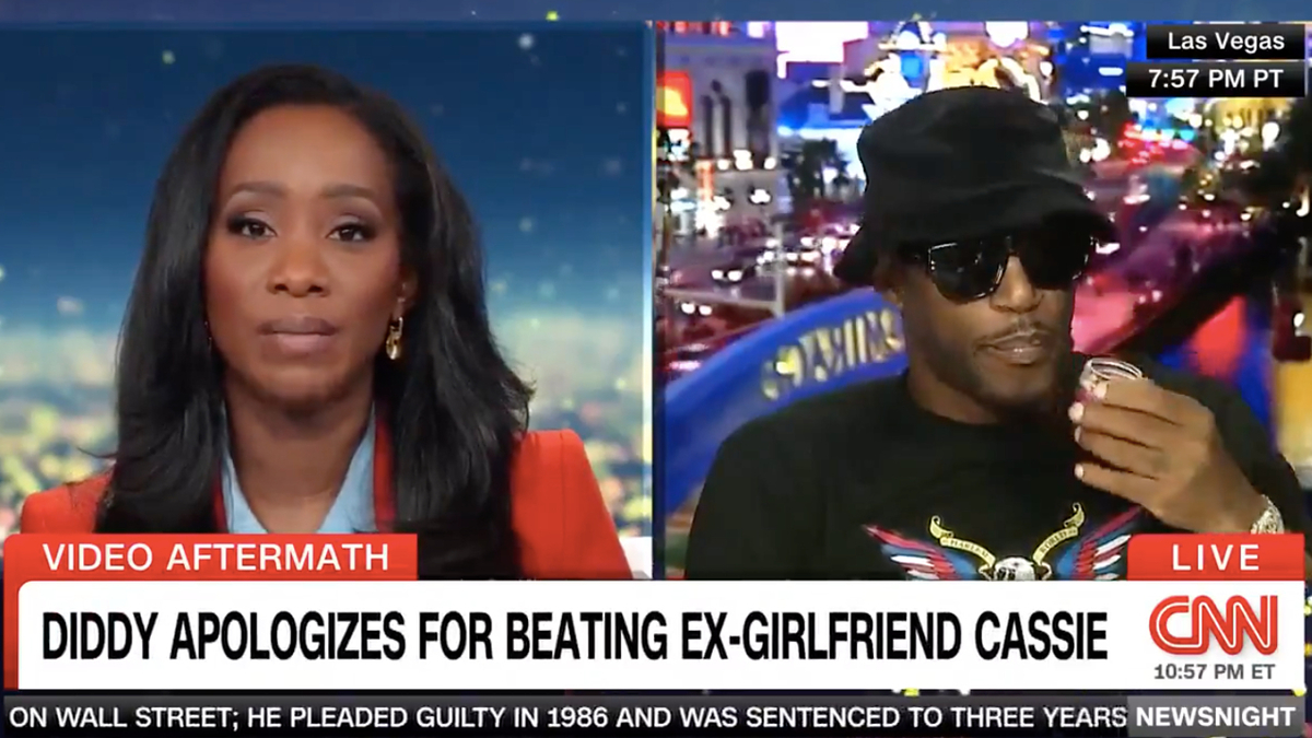 CNN newscast with reporter and guest discussing Diddy apologizing for beating ex-girlfriend Cassie