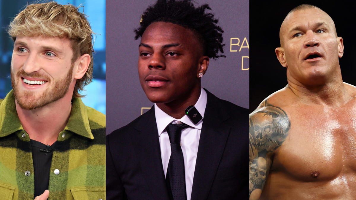 Logan Paul in a plaid shirt, NFL player JuJu Smith-Schuster in a suit, wrestler Randy Orton shirtless in a ring