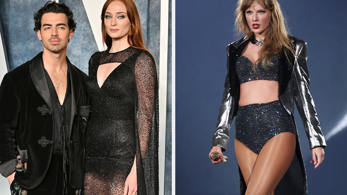 Joe Jonas and Sophie Turner posing together; Taylor Swift performing on stage in a sparkling outfit