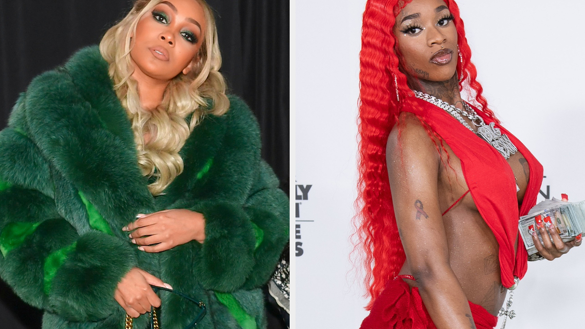 Doja Cat in a green fur coat and Megan Thee Stallion in a red jeweled outfit on separate occasions