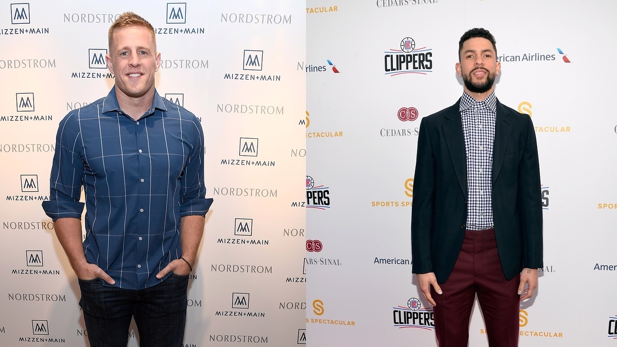 Two men posing at events; left in casual buttoned shirt, right in suit with no tie