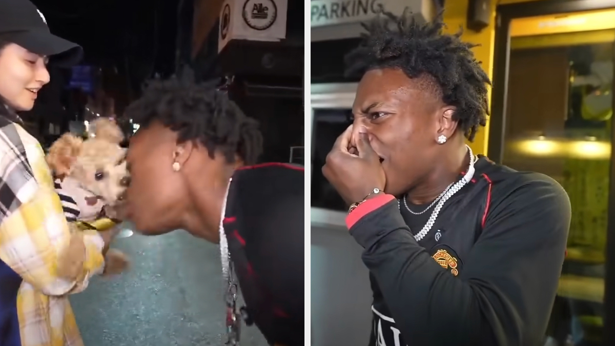 Two images spliced together showing a person reacting joyfully to a dog, then holding their nose in a funny gesture